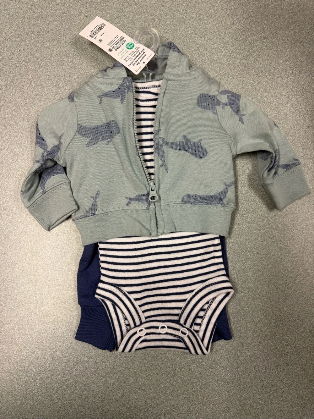 Carter's Baby Whale Hoodie & Navy Stripe Bodysuit Set - Sage Green, Navy, White